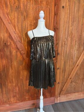 Metallic Pleated Spaghetti Strap Party Dress - Black Gold